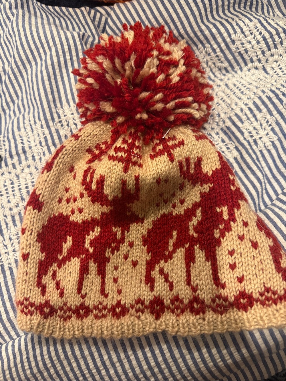 Kiel James Patrick Red and Cream Reindeer Pom Beanie